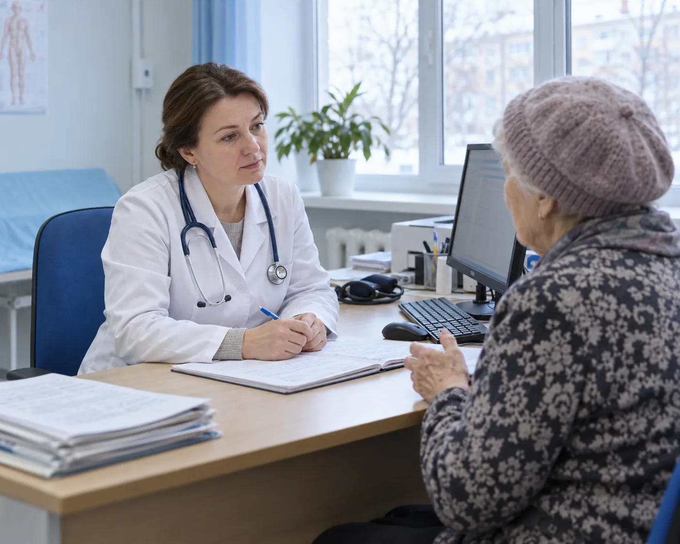Терапевт беседует с пациентом на приёме